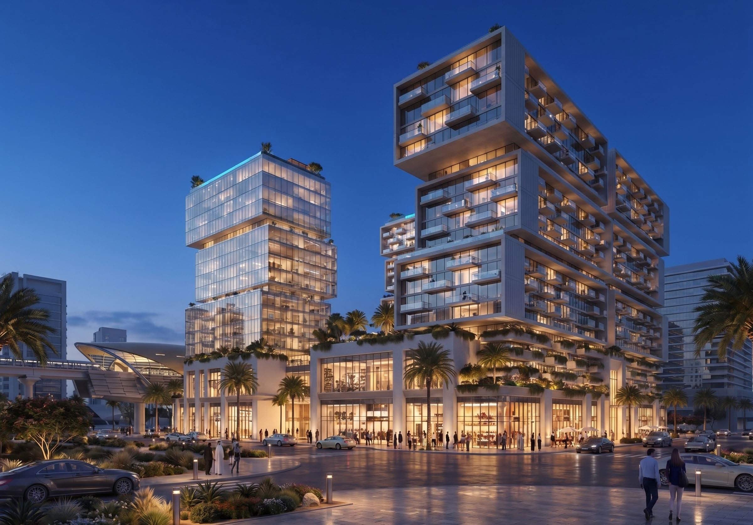 Mixed-use towers overlooking the city at dusk