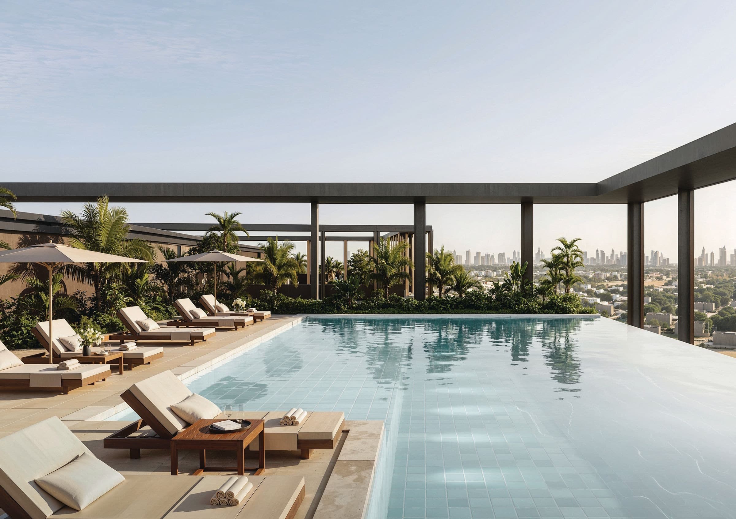 Poolside lounge chairs with a view of the city